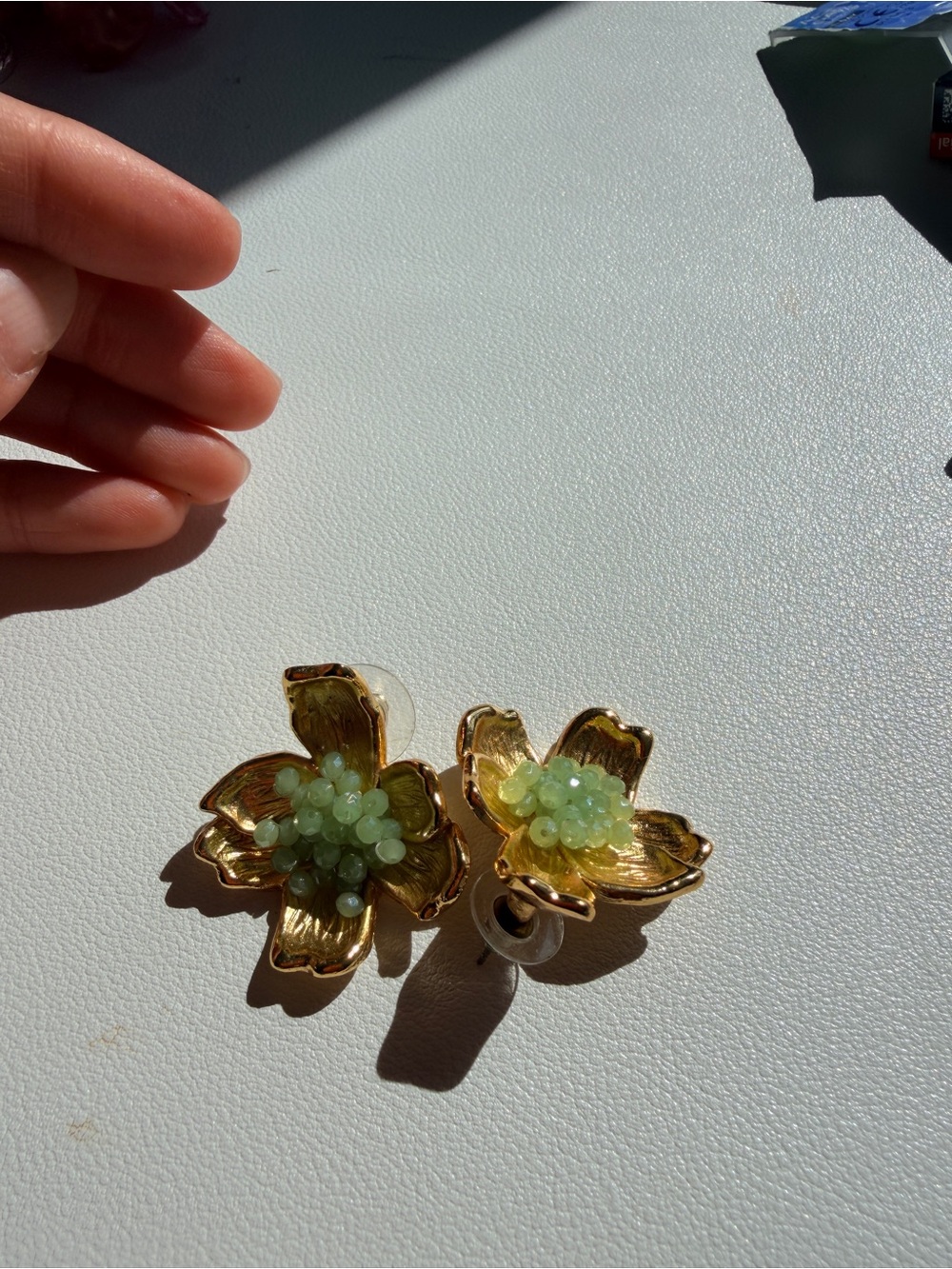 Gold plated Floral Earrings with Pale Green Bead flowers